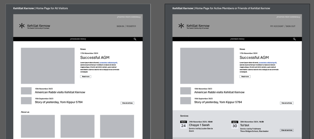 Home page guest and member versions as wireframes in Illustrator