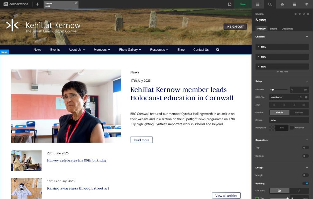 Home page in Cornerstone page editor